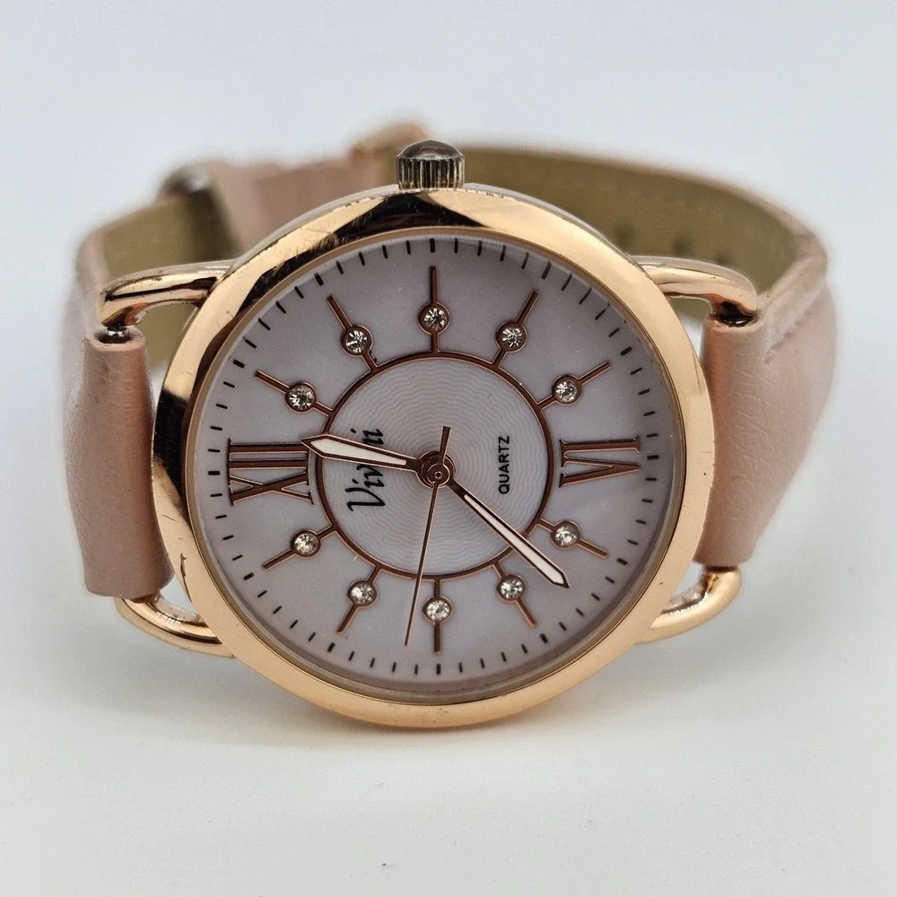 Vivani Women's Watch 34MM Gold Case Pink Dial Pink Leather Bands‎ New Battery